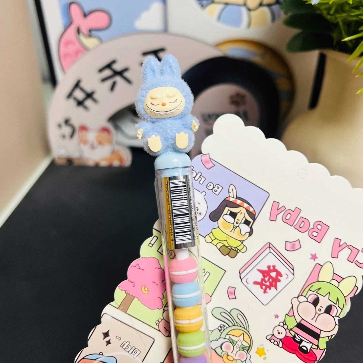 Labubu flocking deco gel pen cute student creative labubu pen: HOT PINK