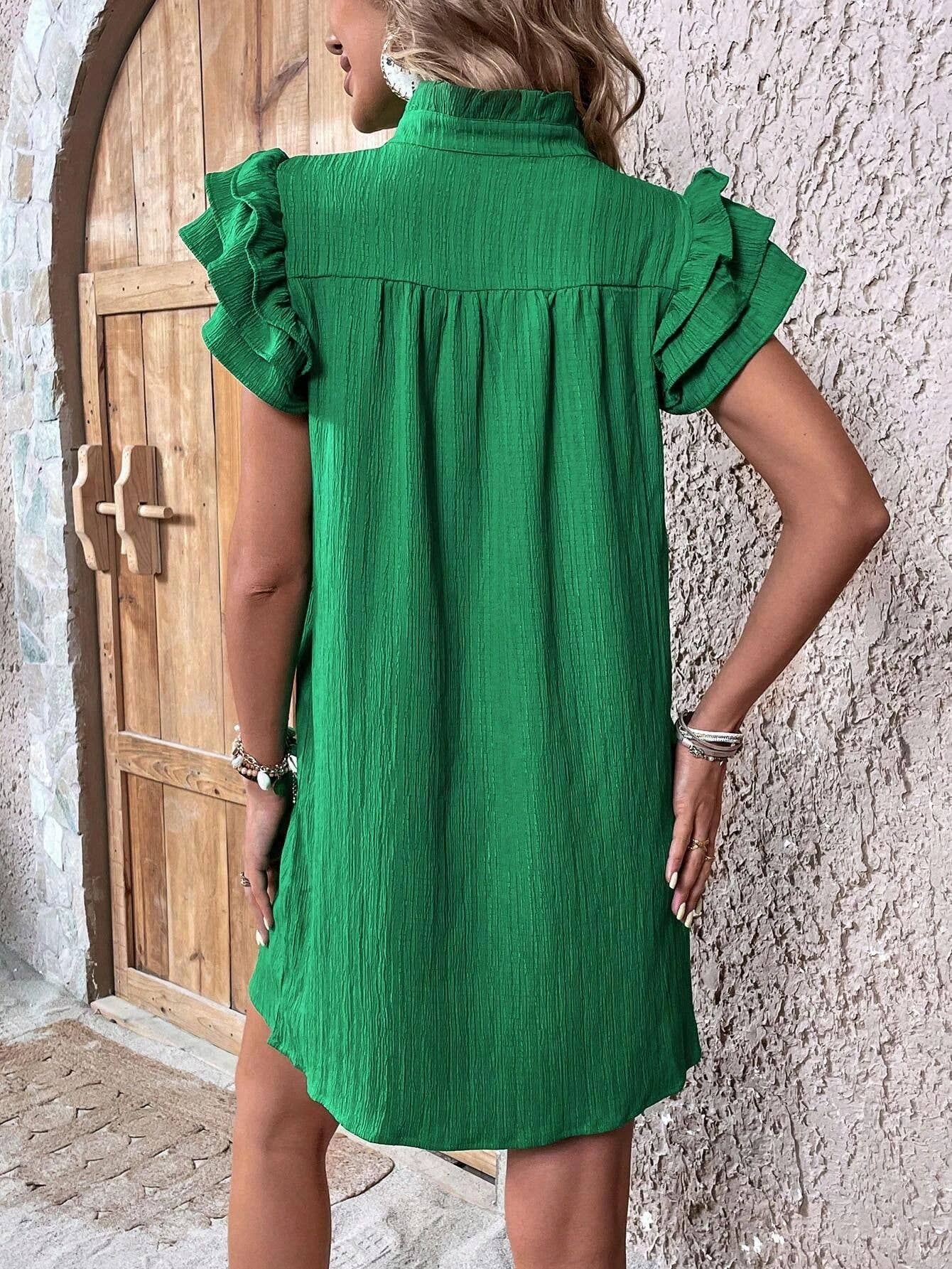 MULTI-LAYER LOTUS SLEEVE V-NECK PULLOVER DRESS: RED / (XL) 1