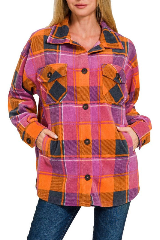 Polar Fleece Plaid Shacket With Pocket: MAGENTA/ORANGE / 2-2-2 (S-M-L)
