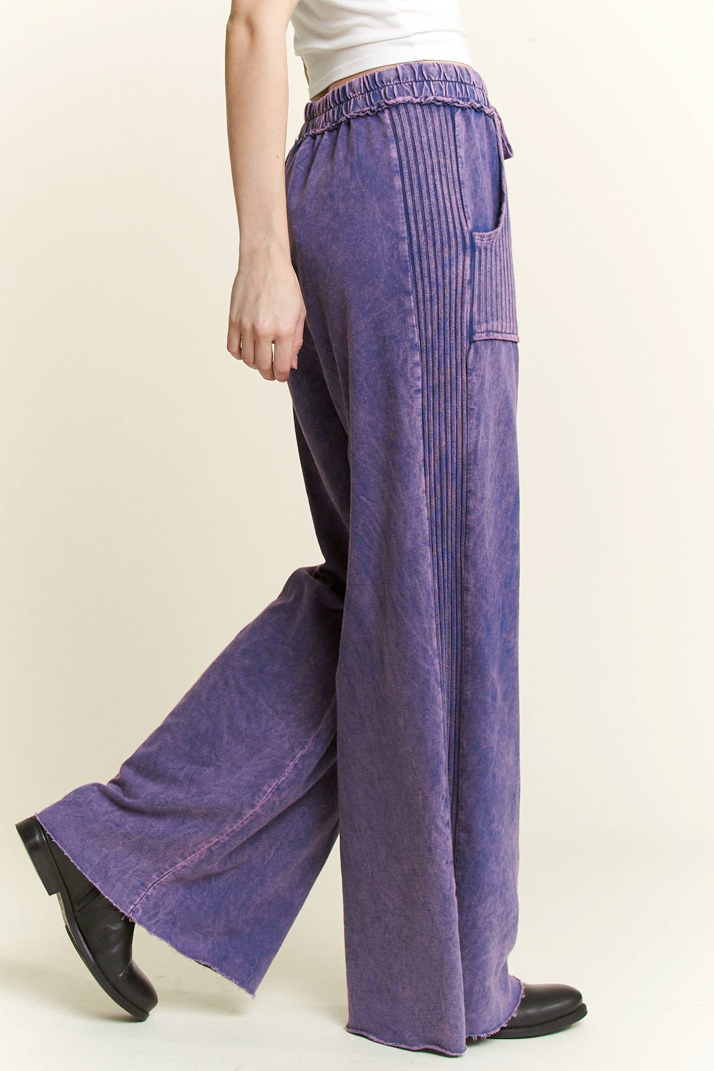 Mineral Wash Side Knit detail wide leg pants HE5878P..: Burgundy / S-M-L / 2-2-2