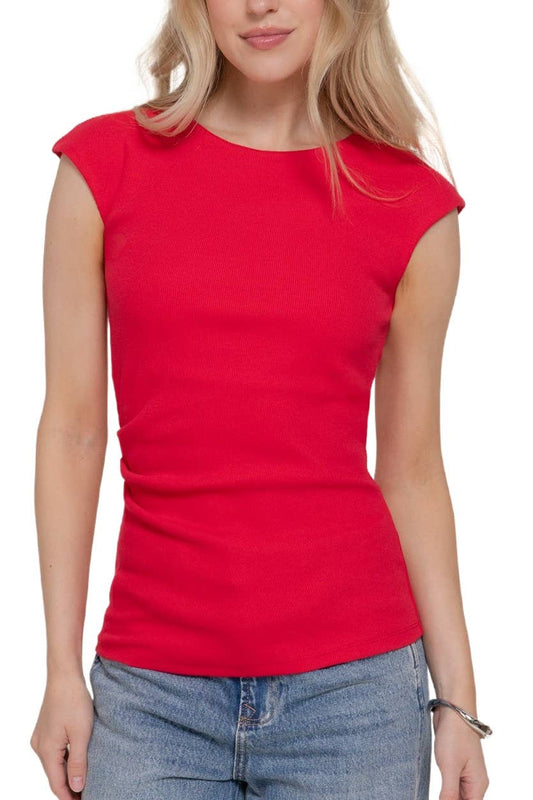 Cap Slv Pleated Asymmetric Knit Top: RED / 2-2-2(S-M-L)
