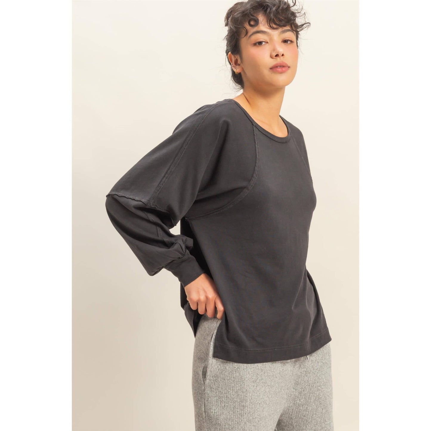 Washed Oversized Long Sleeve Top With Slit: CREAM / S-M-L(2-2-2)