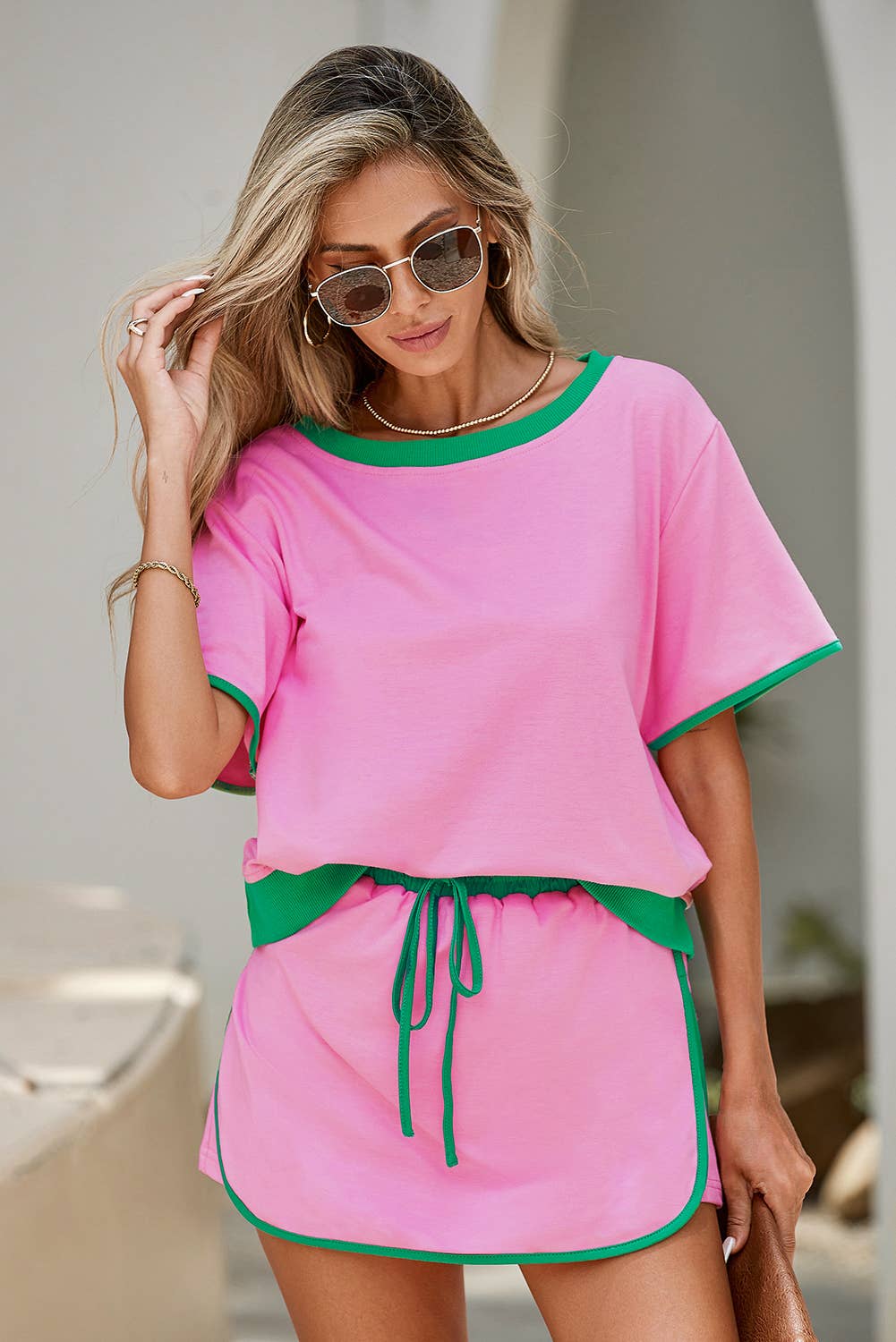 LDC Colorblock Edge Drop Shoulder T Shirt and Skirt 2Pcs Set: Evergreen / XL