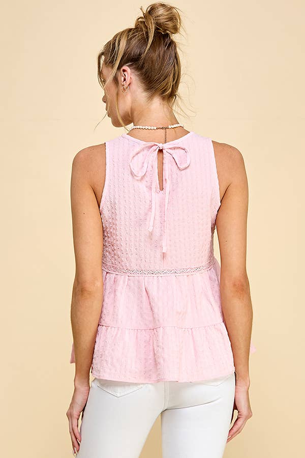 WK50480 - BABYDOLL TIER BUBLLE WOVEN TOP WITH TIE BACK: SATIN ROSE / S-M-L/2-2-2