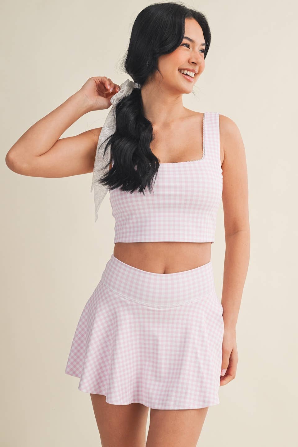 Gingham Print Crop Tank with Lace Trim: Pink Gingham / S