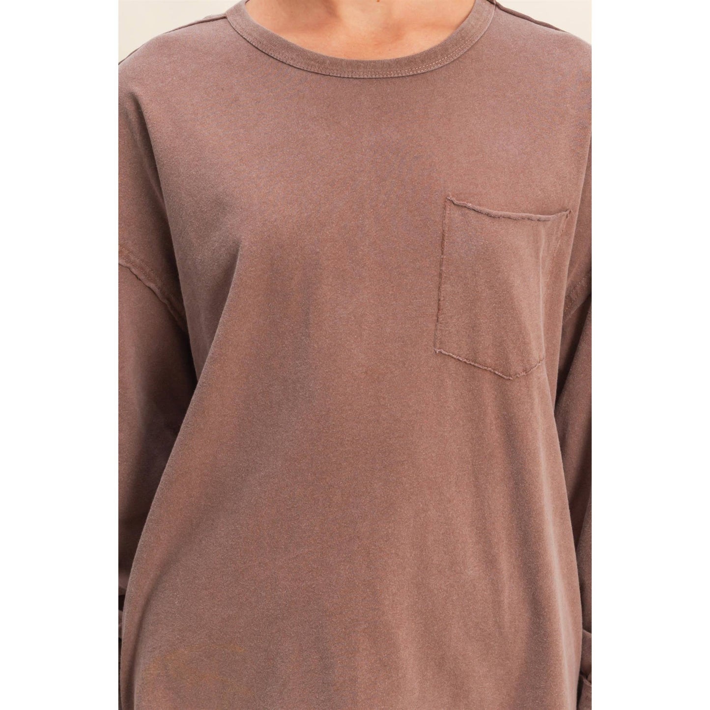 Oversized Washed Long Sleeve Pocket Tee: BLACK / S-M-L(2-2-2)