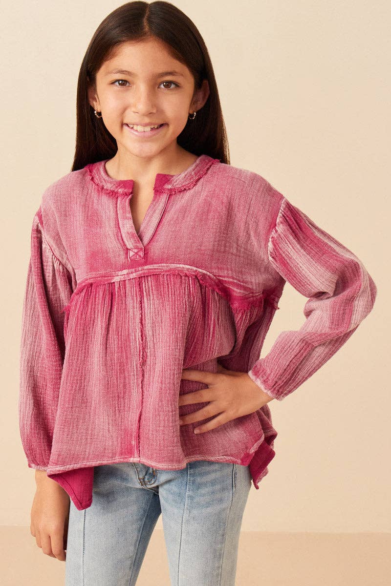 Girls Washed Raw Edge Puff Sleeve Peplum Top - 4 Pack: Magenta / Pack
