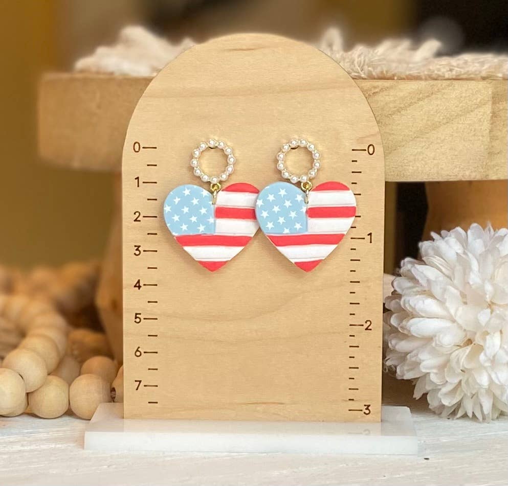 Fourth of July Handmade Earrings | Red White & Blue Earrings: Heart Flag