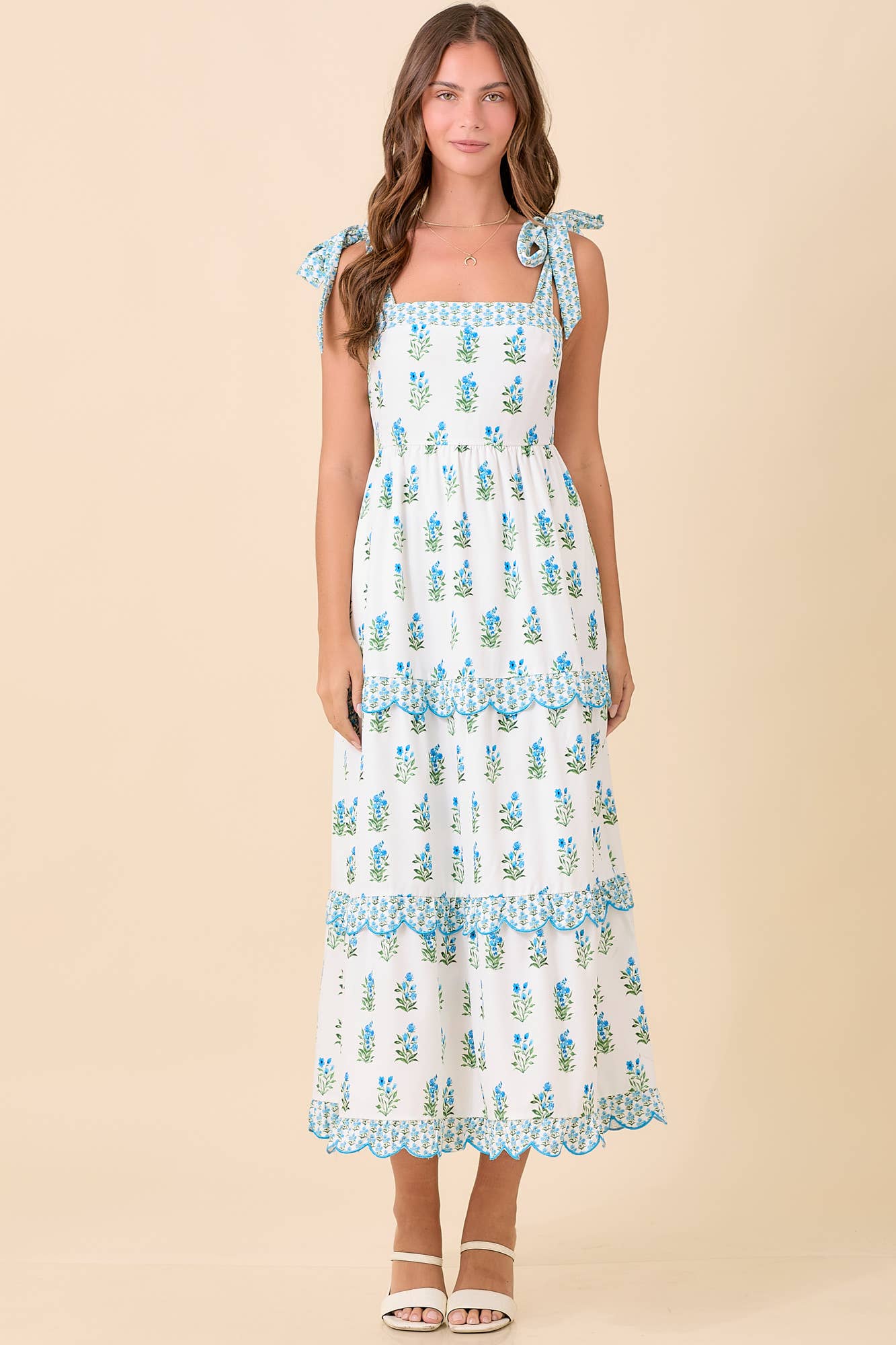 Shoulder Strap Tie Midi Dress With Floral Printed: WHITE/BLUE / M