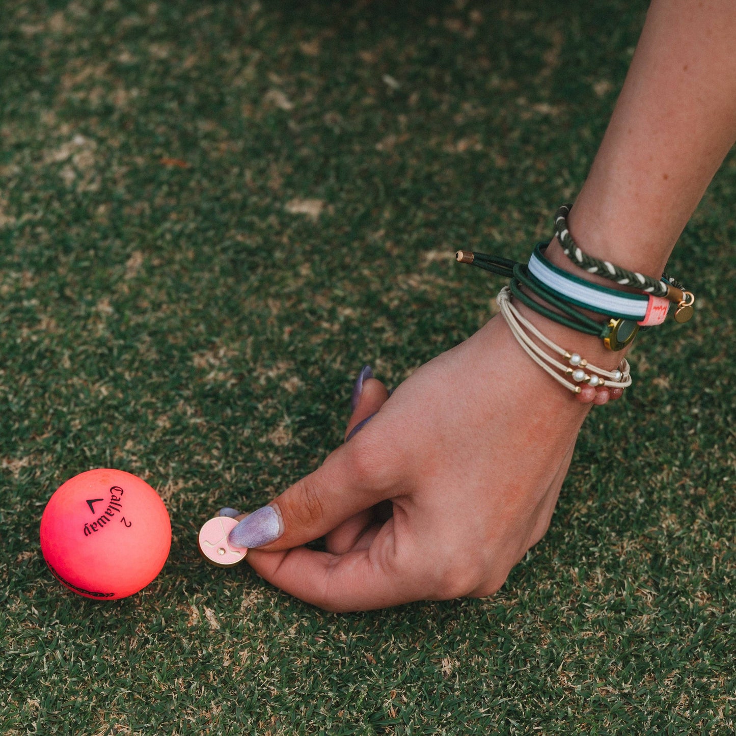 "Tee Time" Green and Pink Hair Tie Bracelets with Removable Ball Marker: Small
