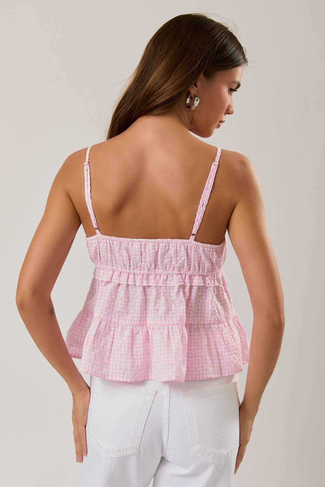 SHIRRED NECK BABYDOLL SPAGHETTI TIERED TOP: PINK GINGHAM / M