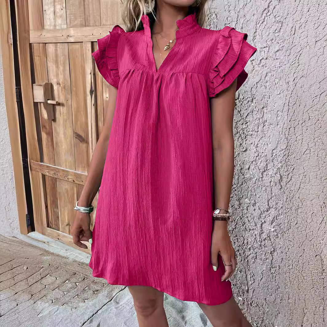MULTI-LAYER LOTUS SLEEVE V-NECK PULLOVER DRESS: RED / (S) 1