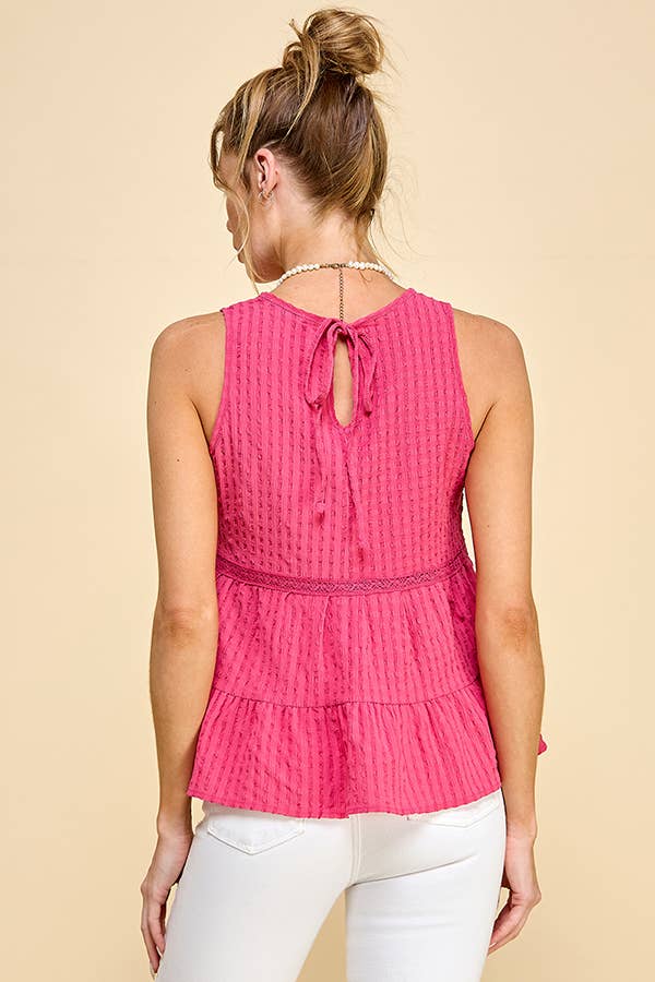 WK50480 - BABYDOLL TIER BUBLLE WOVEN TOP WITH TIE BACK: SATIN ROSE / S-M-L/2-2-2