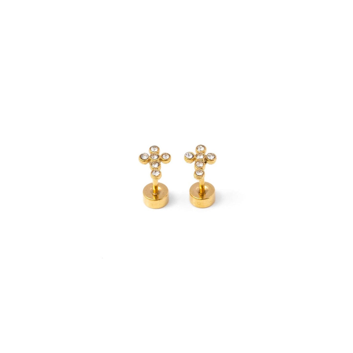 Diamond Cross Stud Earring - Hypoallergenic, Flat Back, Girl: Pair