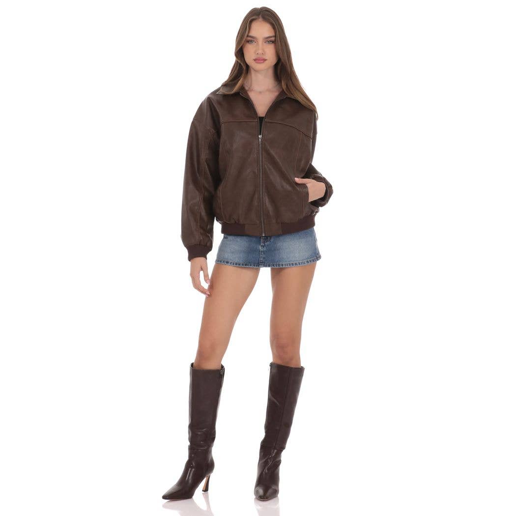 Faux Leather Bomber in Brown: S