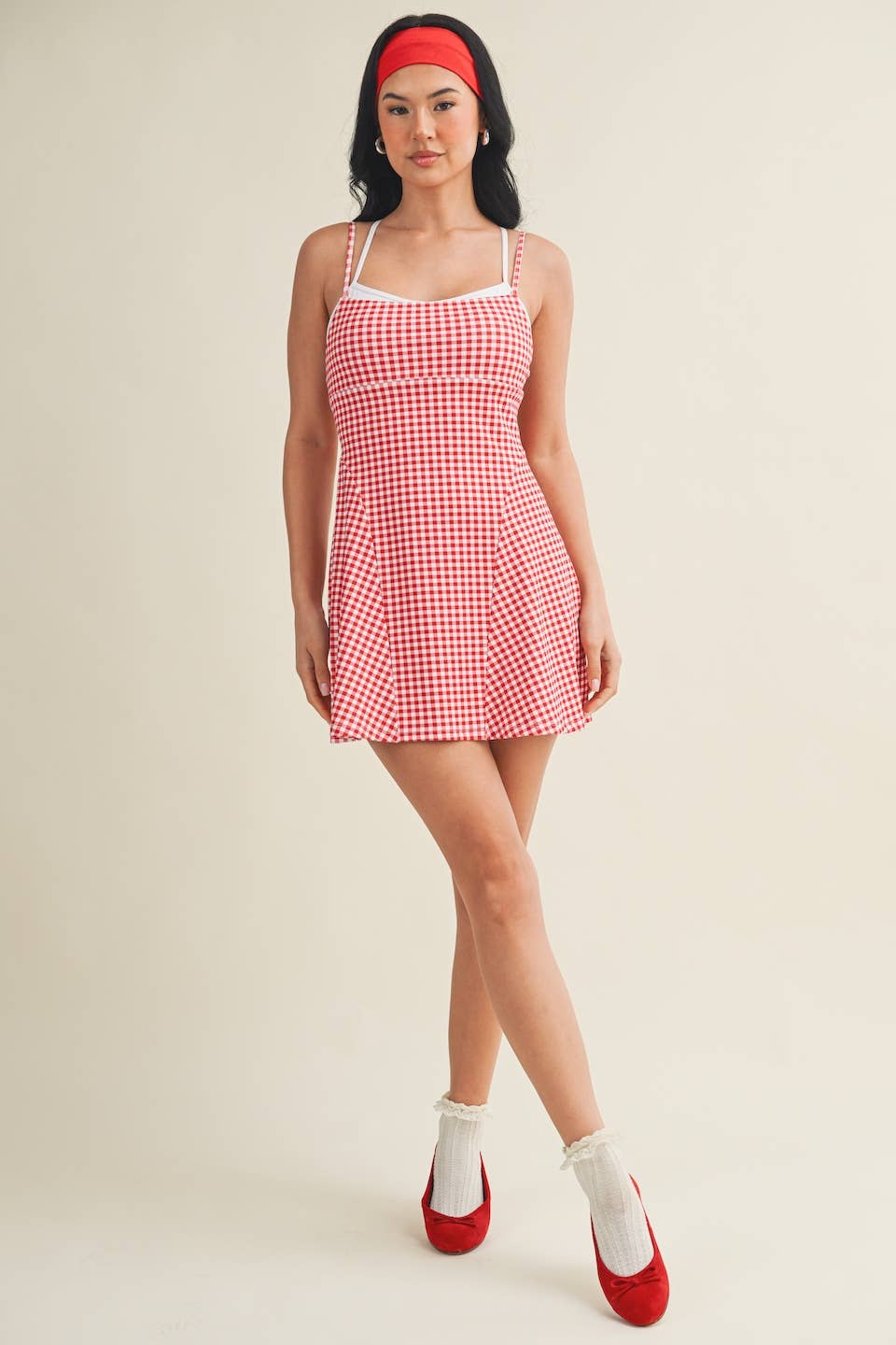 Gingham Print Double Layered Dress: Blue Gingham / M