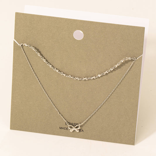 Studded Ribbon Bow Layered Chain Necklace: S