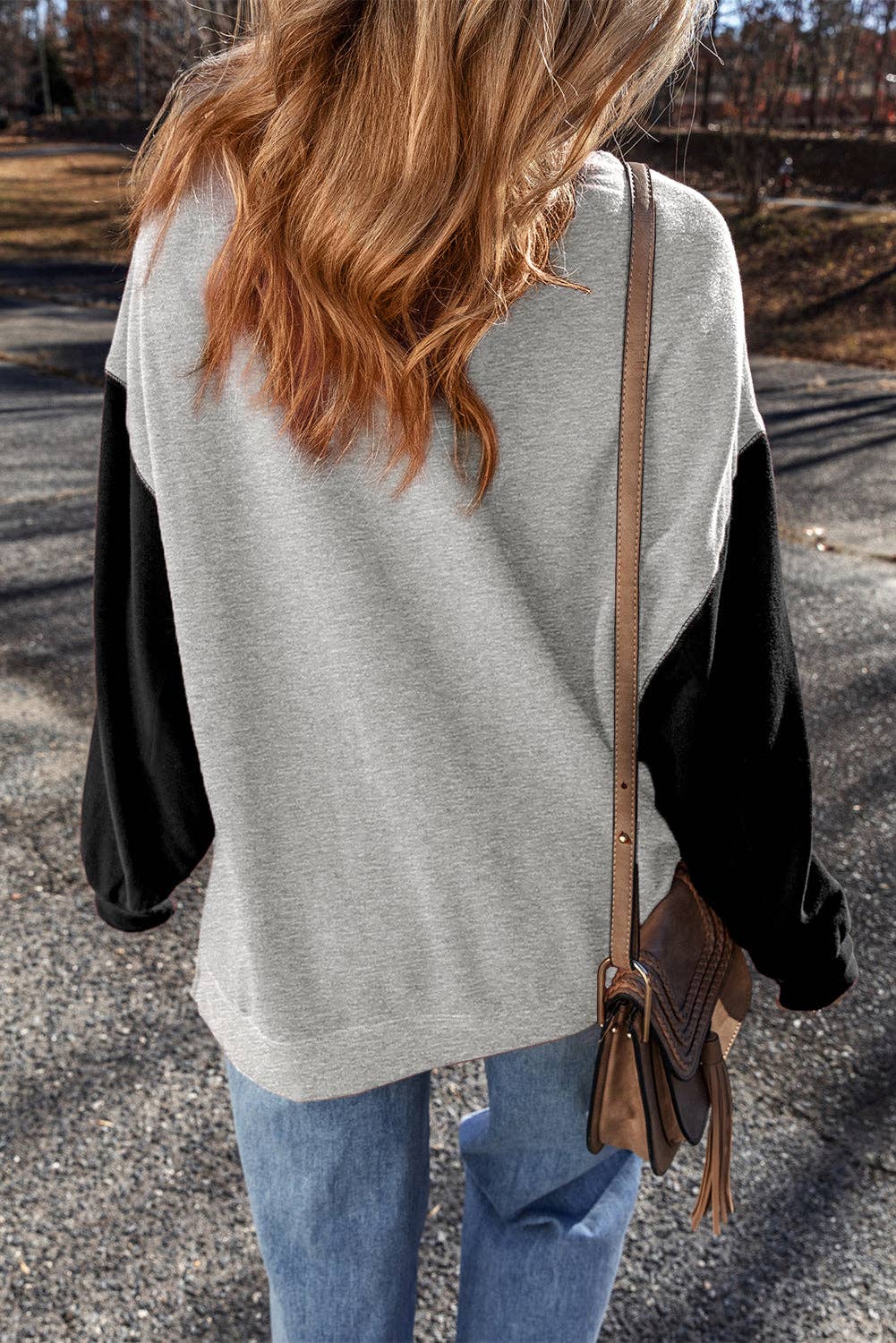Two Tone Patchwork Drop Shoulder Pullover Sweatshirt: Mineral Red / 50%Polyester+50%Cotton / L