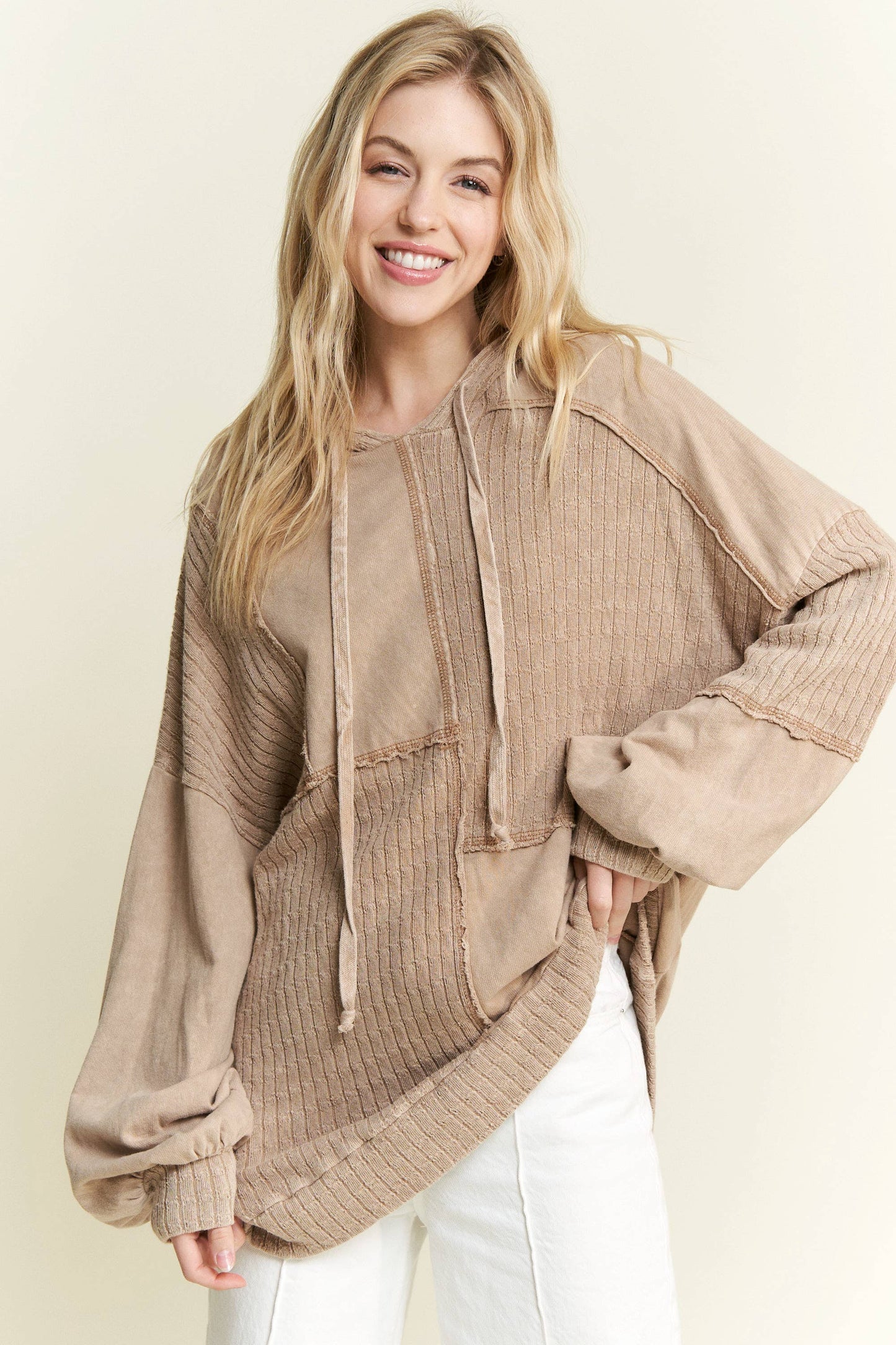 MineralWash Sweater block stitched hoodie shirt HT5969.: Olive / S-M-L / 2-2-2