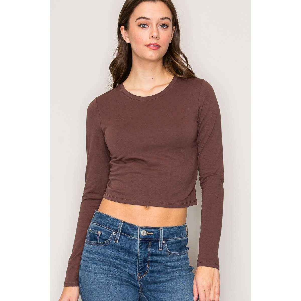 Crew Neck Long Sleeve Crop Top: Black / S-M-L(2-2-2)