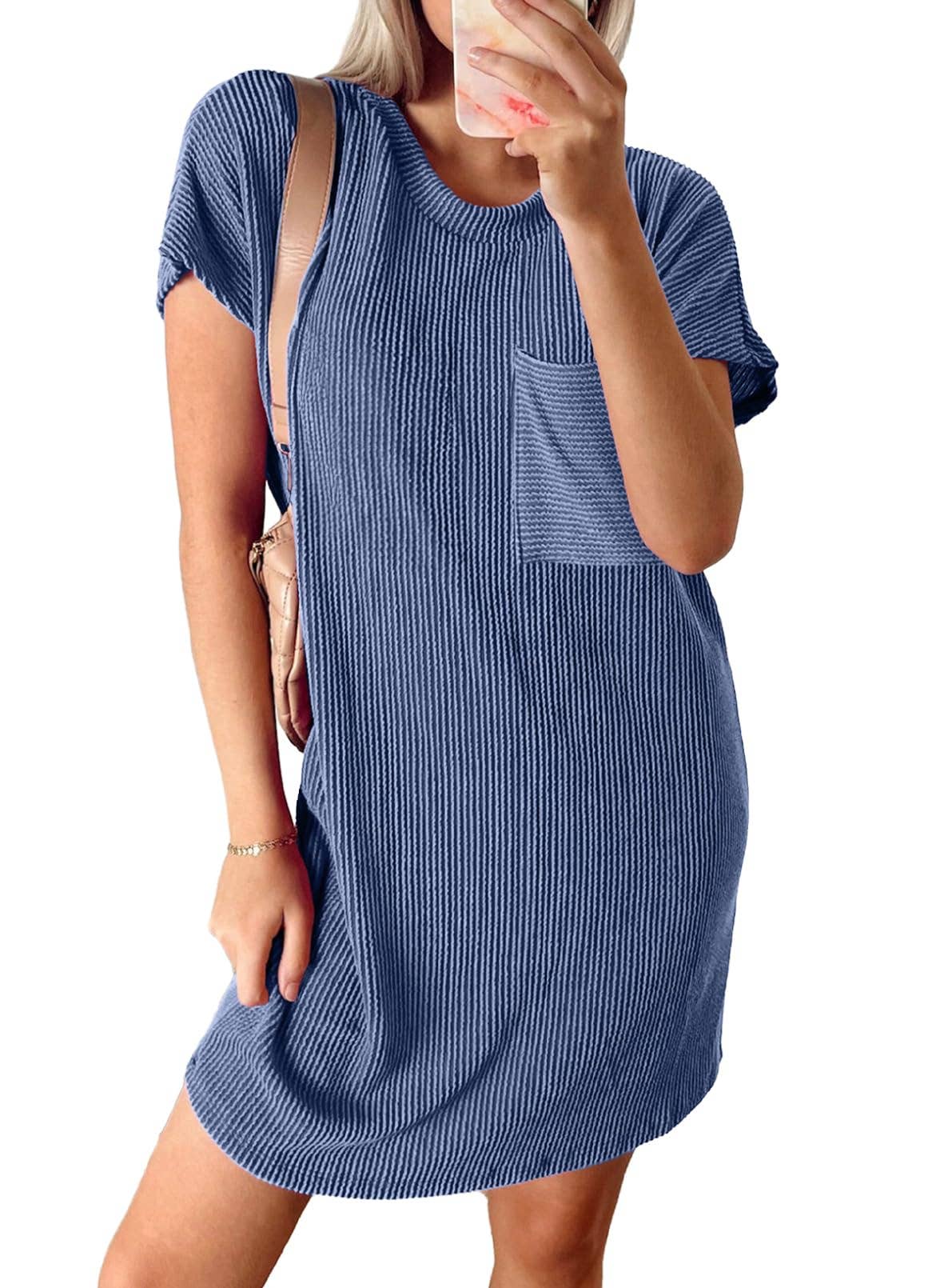 Summer Casual T-shirt Short-sleeved Dress (With Pockets): Royal blue / 65%Rayon + 35%Polyester / XXL