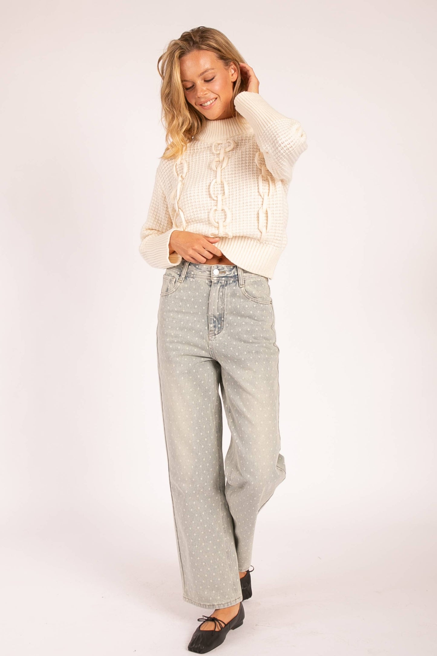 LP1032 Polka Dot High-Waisted Straight Leg Jeans: LIGHT DENIM / S-M-L (2-2-2)
