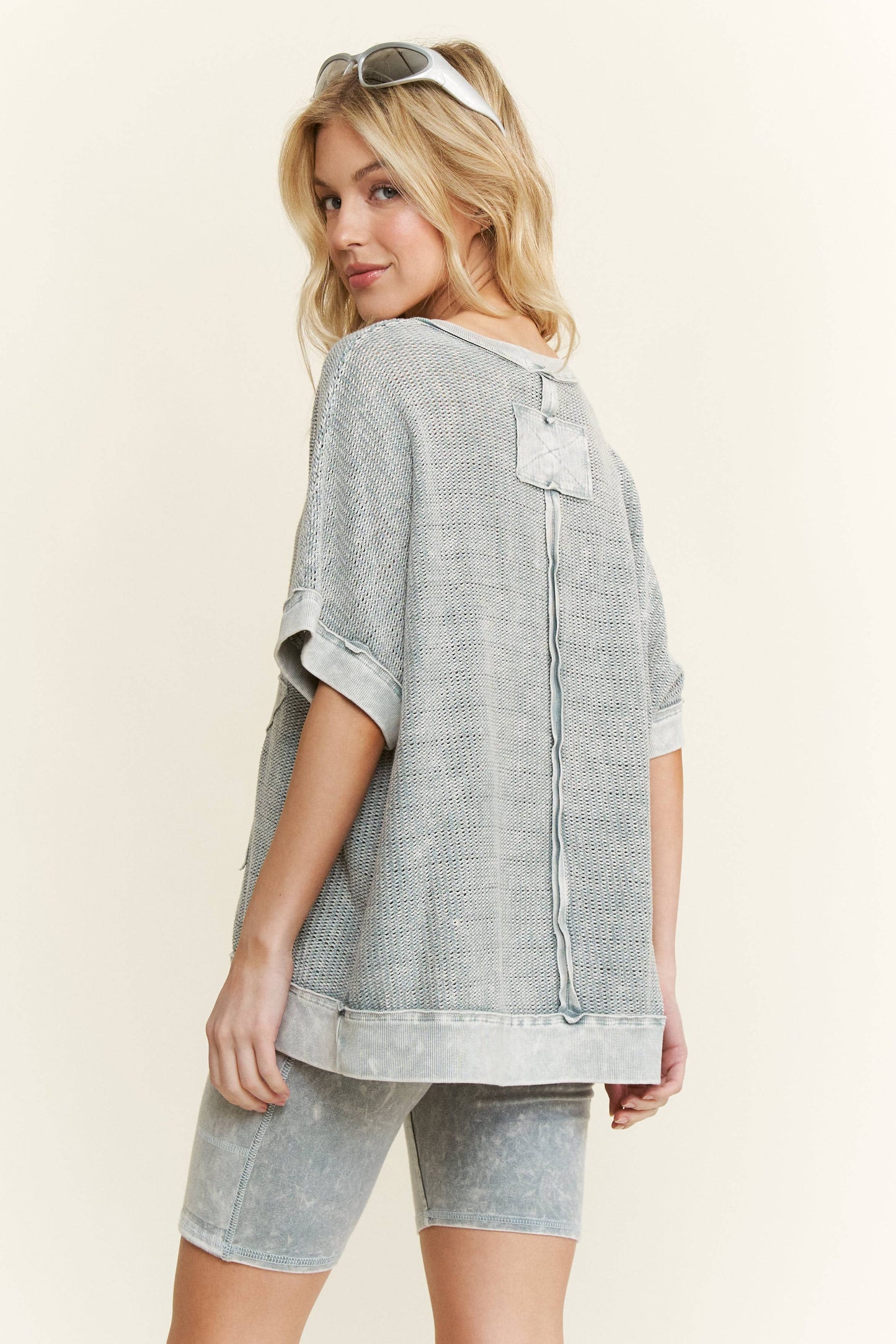 MineralWashed Star patched Mesh Knit Vest top HT6385: Silver Grey / S-M- L / 2-2-2