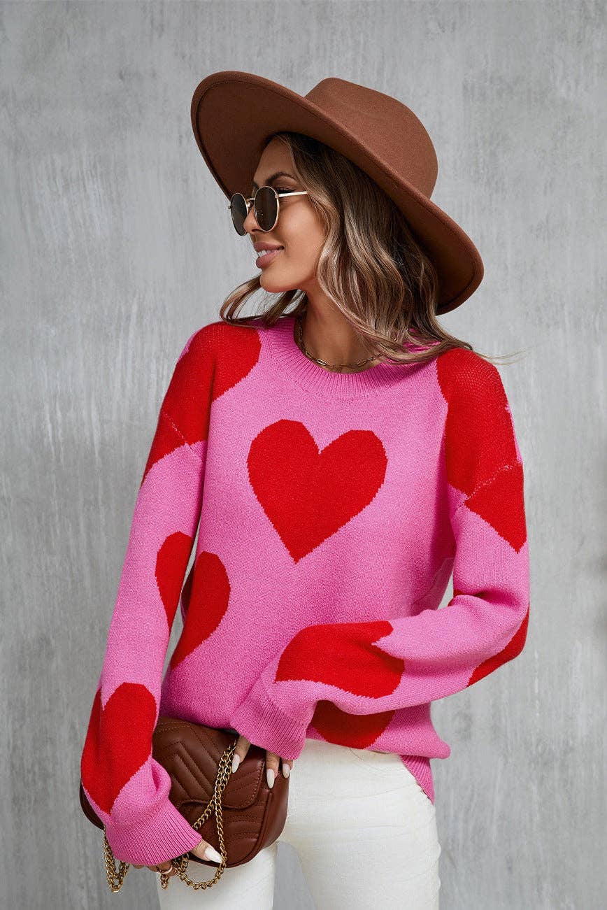 Valentine Heart Knit Sweater Pink Red Pullover Top: Rose Red / M