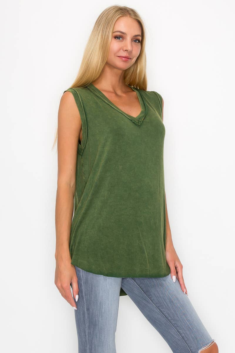 Mineral washed V neck Sleeveless Top HT4004: Olive / S-M-L/2-2-2