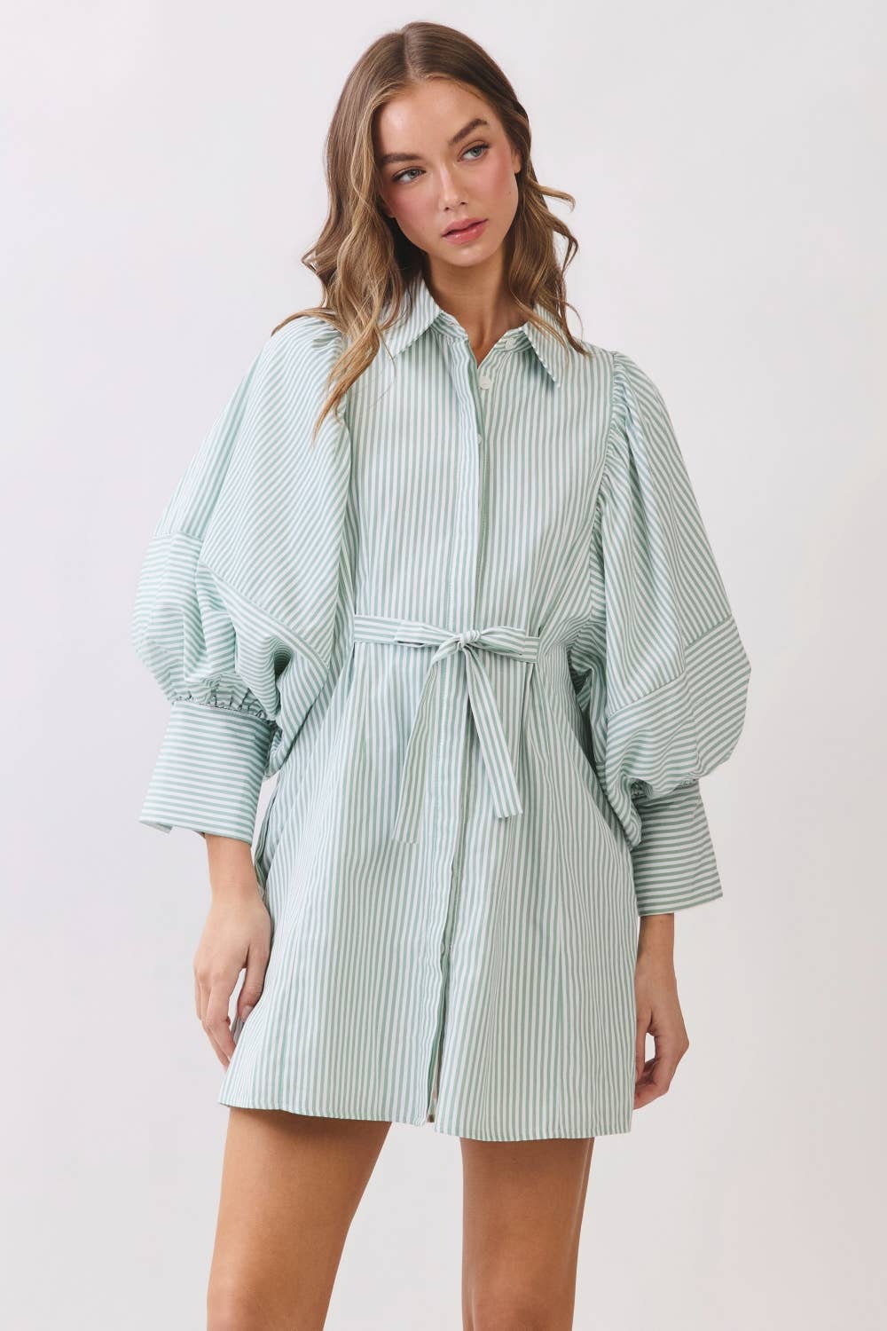 Statement Sleeve Mini Shirt Dress REMI245-S : PINK STRIPE / S