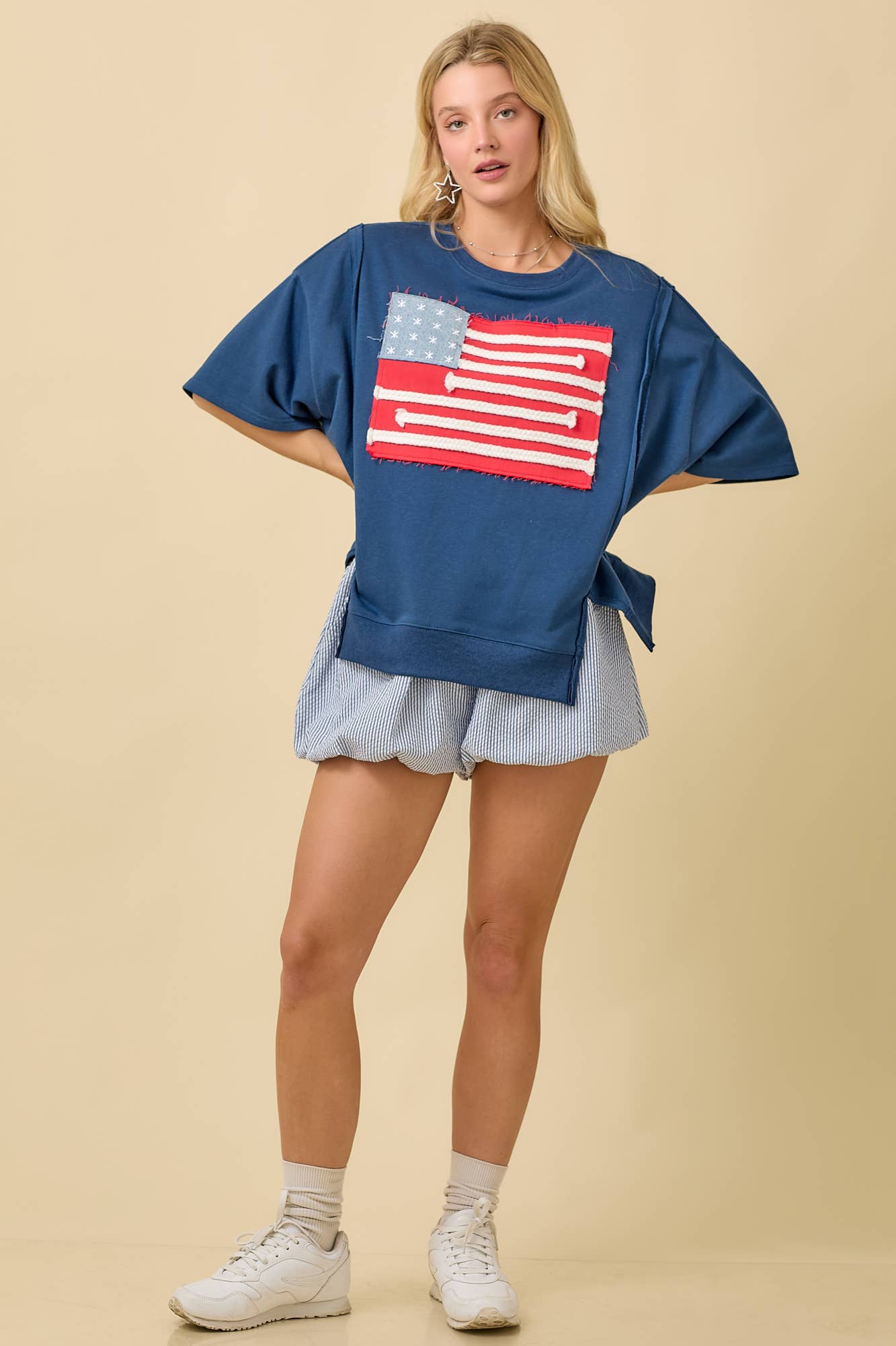Boxy Wide Short Sleeve Top With American Flag Patchwork: DARK BLUE / L