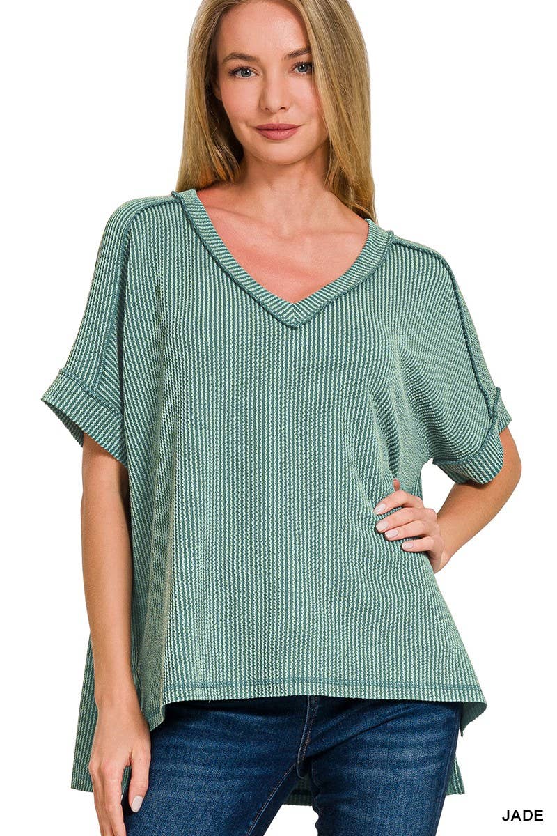 Raised Rib Short Sleeve Hi-low V Neck Top: RUBY / 3-3(S/M-L/XL)