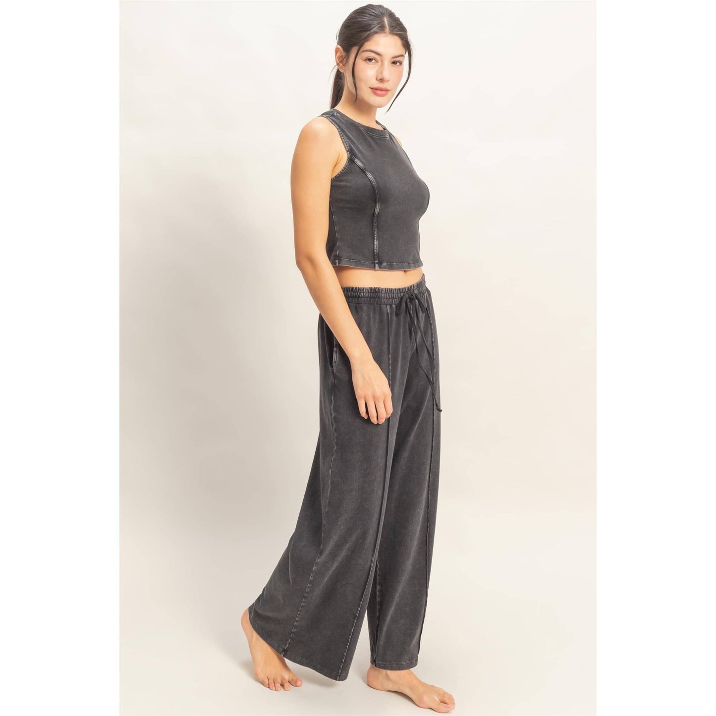 Mineral Washed Sleeveless Top & Wide Leg Pants Set: BLACK / S-M-L(2-2-2)
