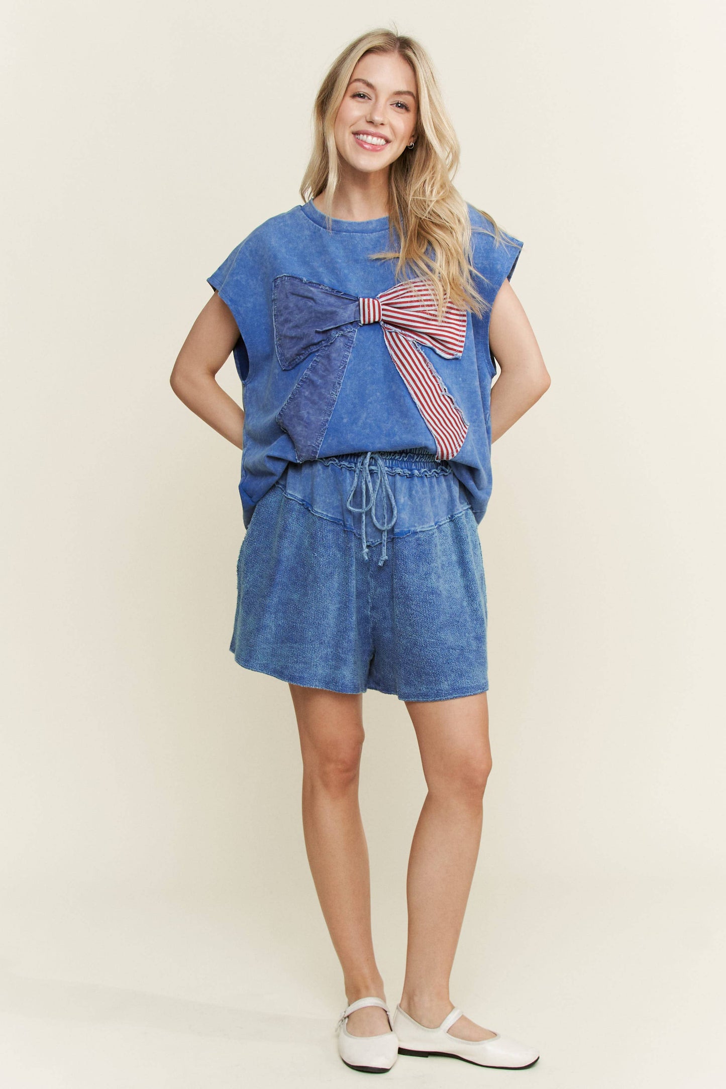 MineralWashed Americana Bow Sleeveless Blouse top HT5647P2: Cobalt