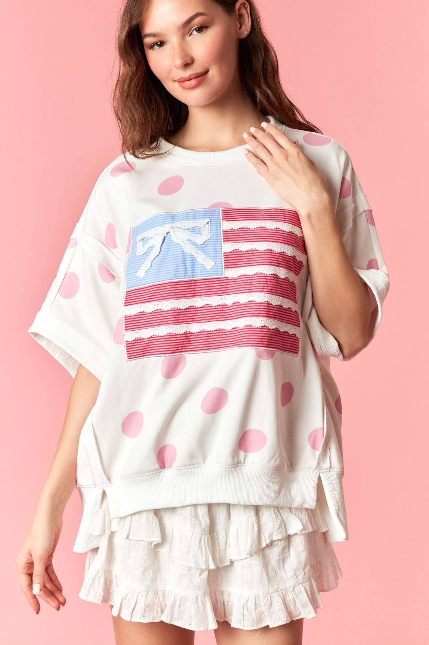 Big Dot French Terry Stars And Stripe Flag Patches Top: LT BLUE / OFF WHITE / 2-2-2(S-M-L)