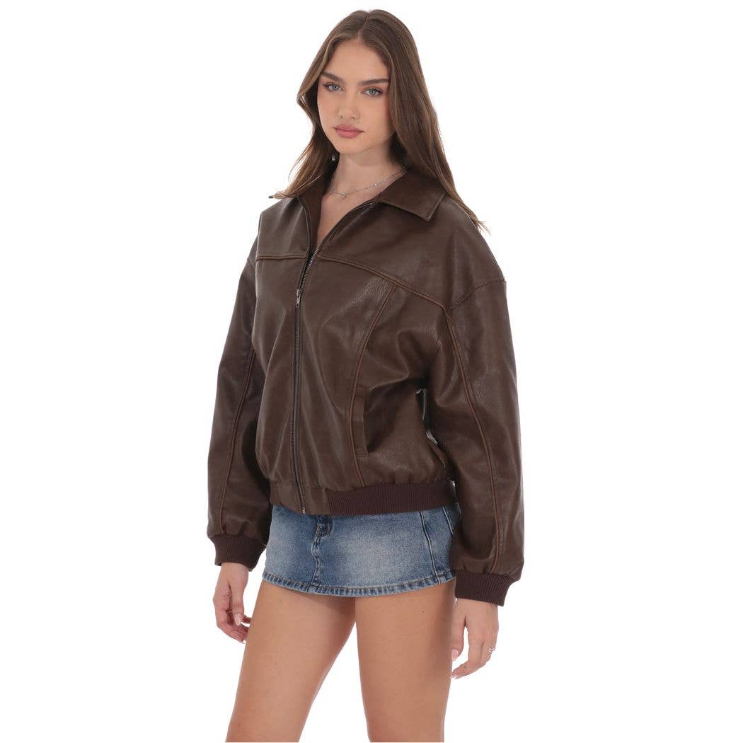 Faux Leather Bomber in Brown: XS