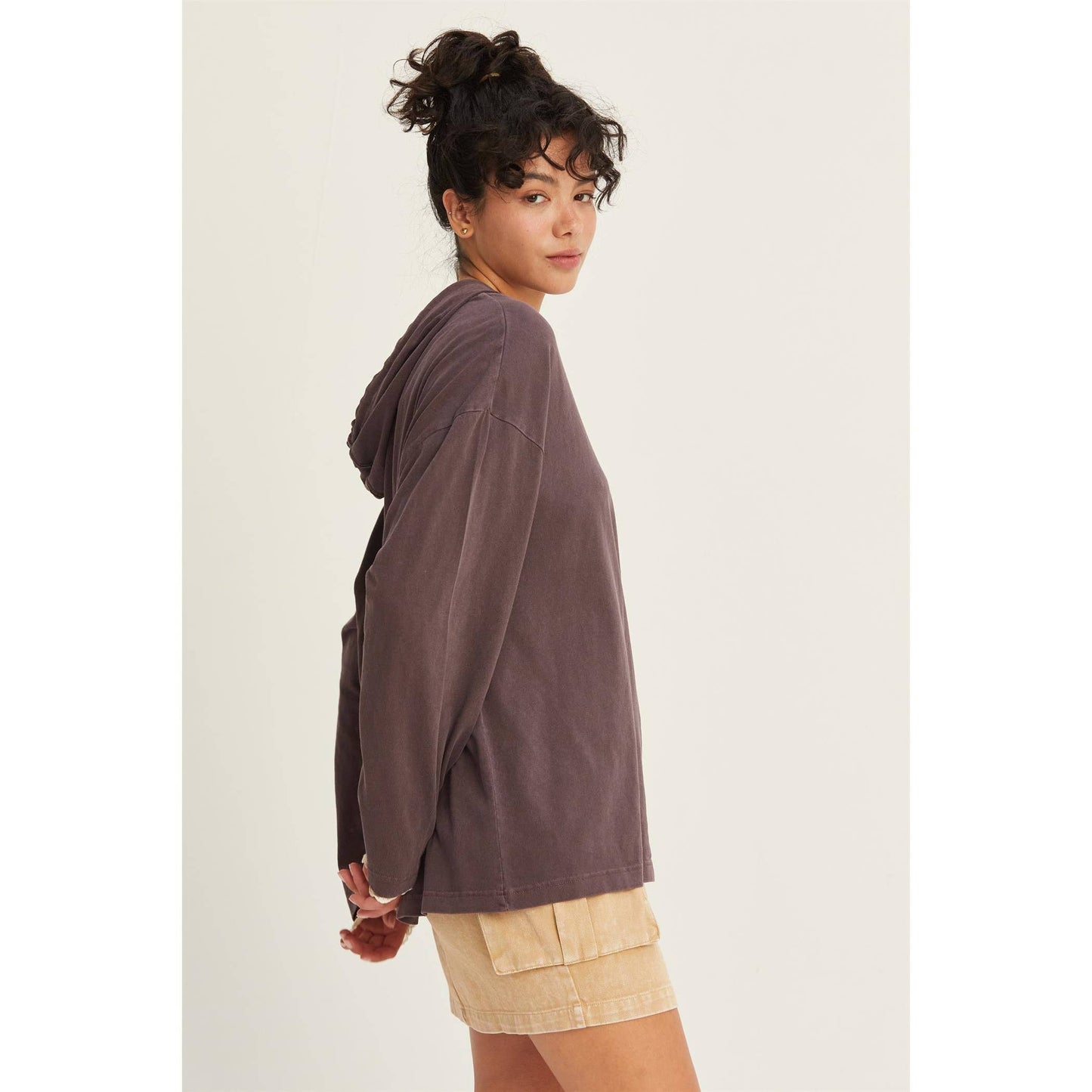 Oversized Hooded Long-Sleeve Top: BLACK / S-M-L(2-2-2)