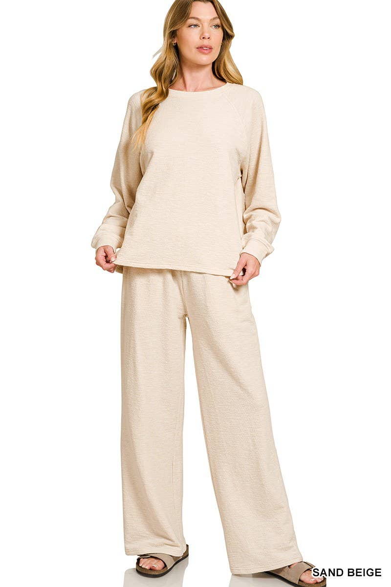 Slub Long Sleeve Top And Pants 2pcs Set: HUNTER GREEN / 1-1-1(S-M-L)