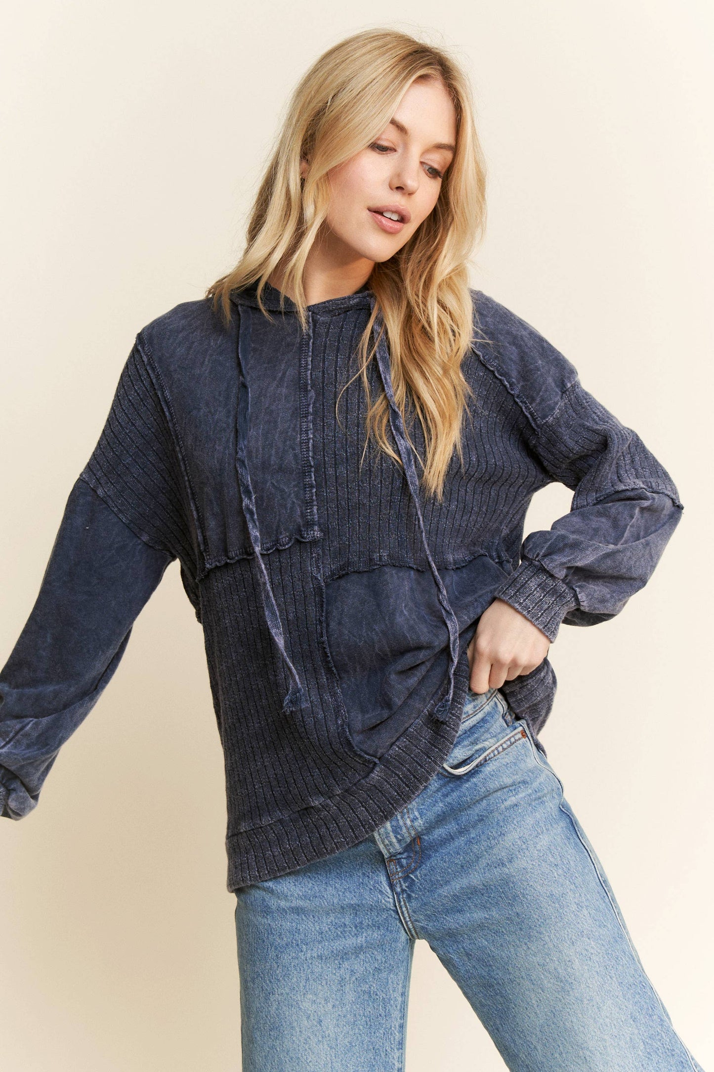 MineralWash Sweater block stitched hoodie shirt HT5969.: Olive / S-M-L / 2-2-2