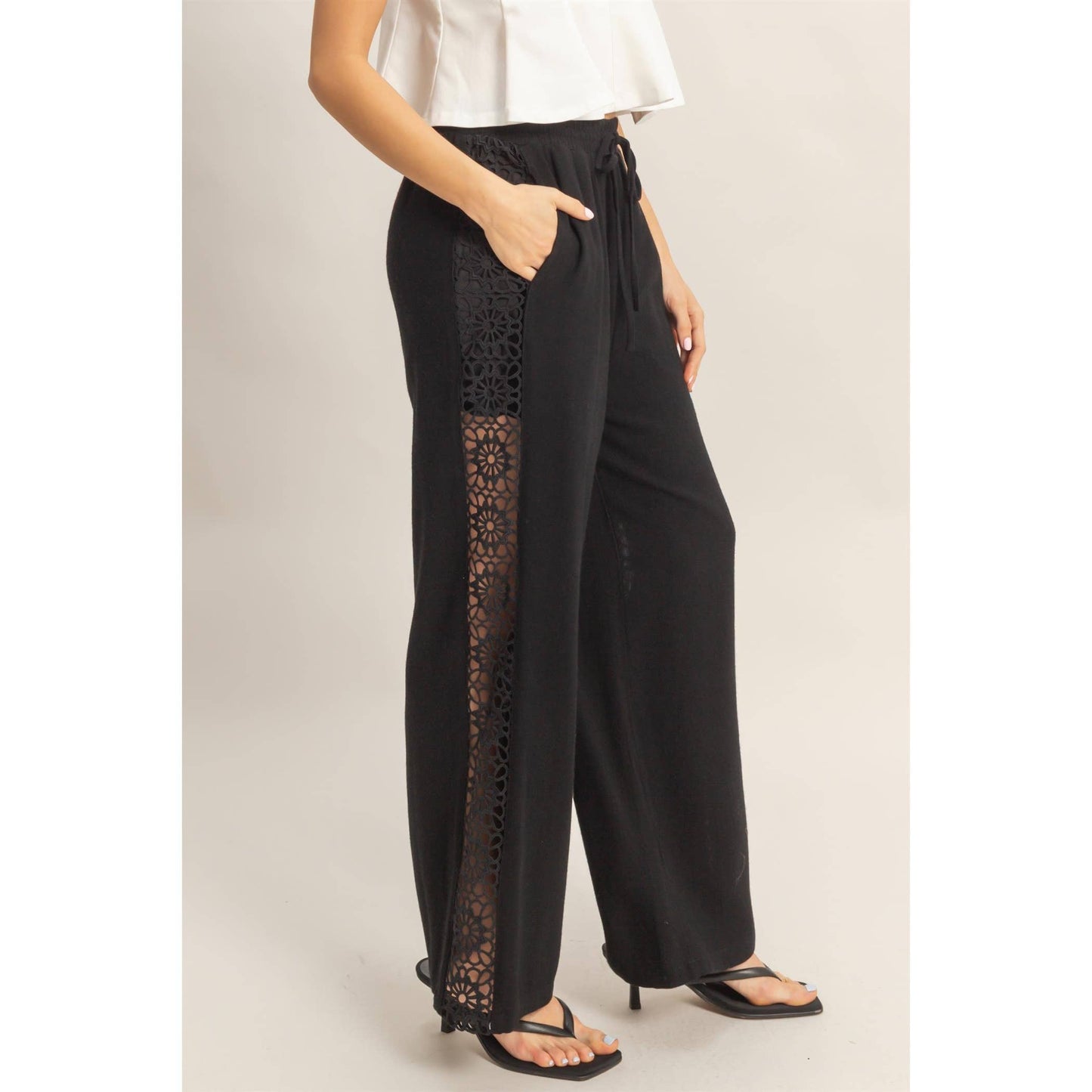 Lace Trim Wide Leg Pants: TERACOTTA / S-M-L(2-2-2)