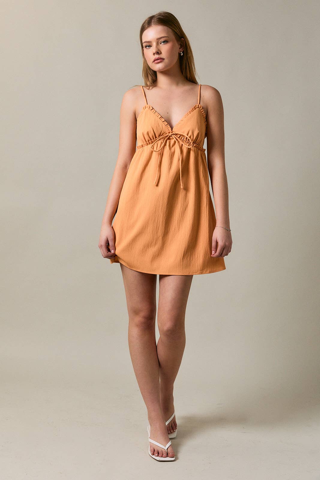 RUFFLE DETAIL SPAGHETTI STRAP SLEEVELESS A-LINE MINI DRESS: Red / L