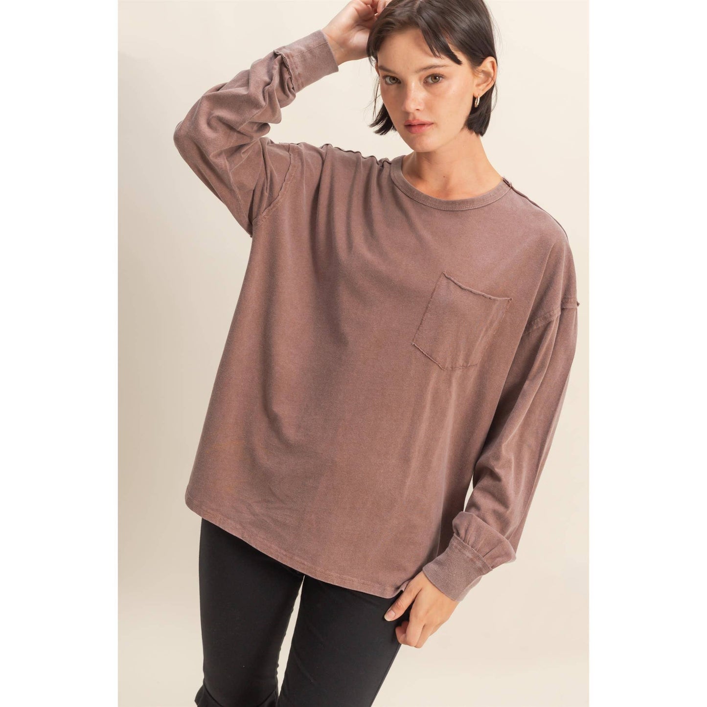 Oversized Washed Long Sleeve Pocket Tee: BLACK / S-M-L(2-2-2)