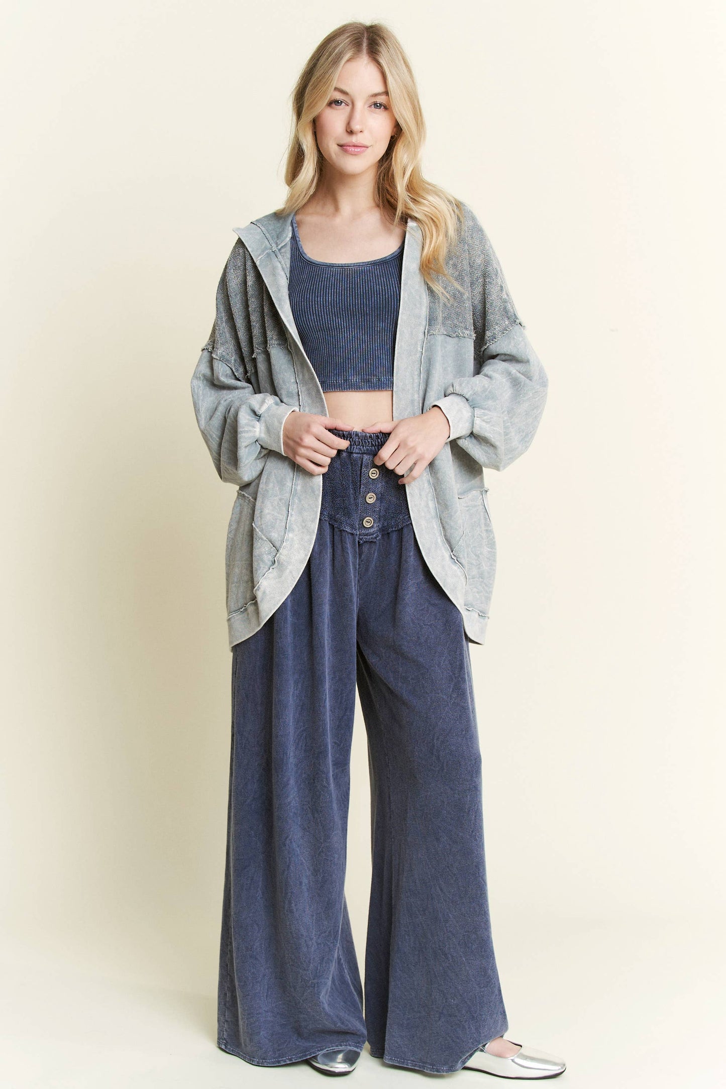 Mineral Wash Open Terry Cardigan with peace sign HT6086: Latte / S-M-L / 2-2-2