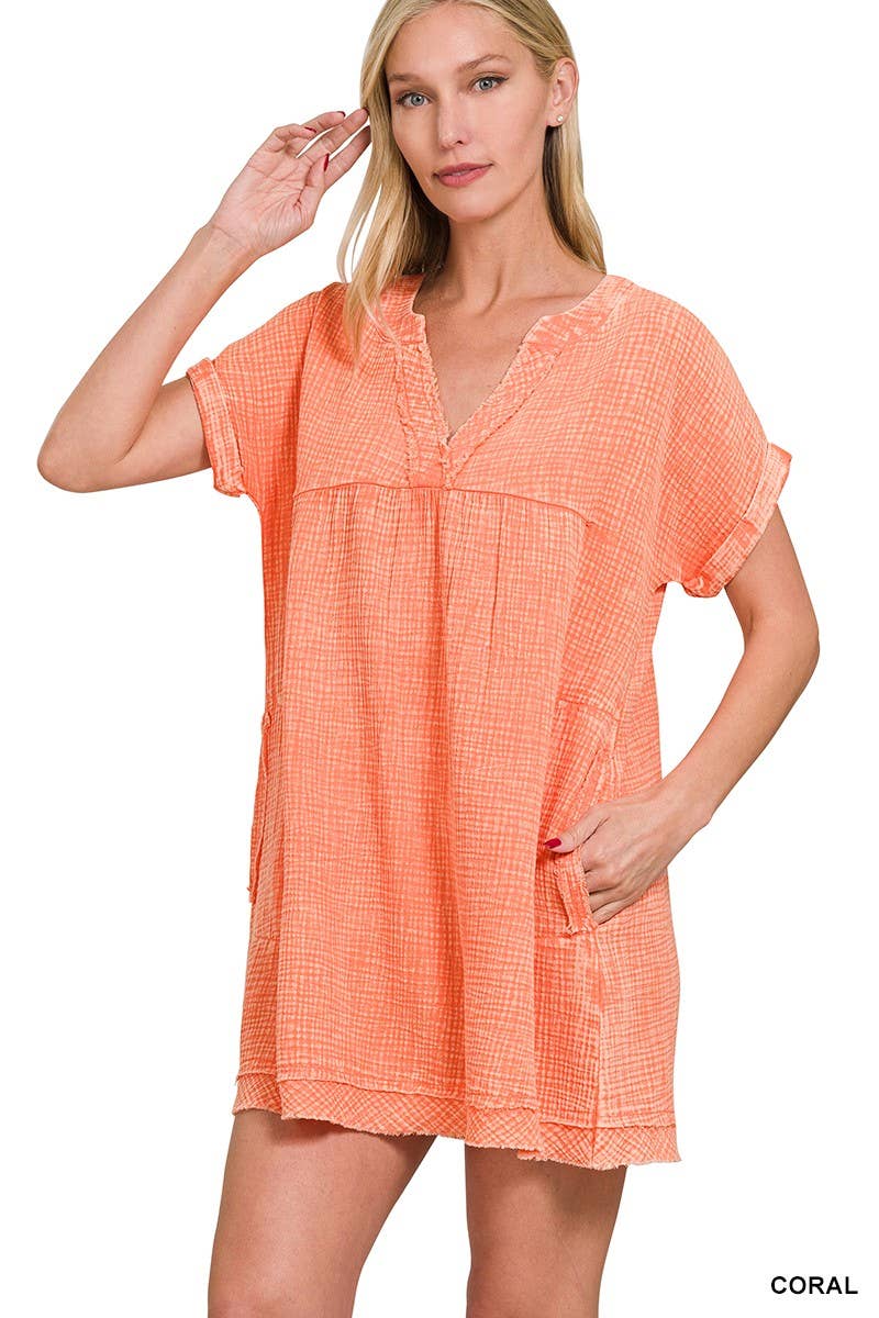 Washed Double Gauze Raw Edge V-neck Dress: DEEP SKY / 2-2-2(S-M-L)