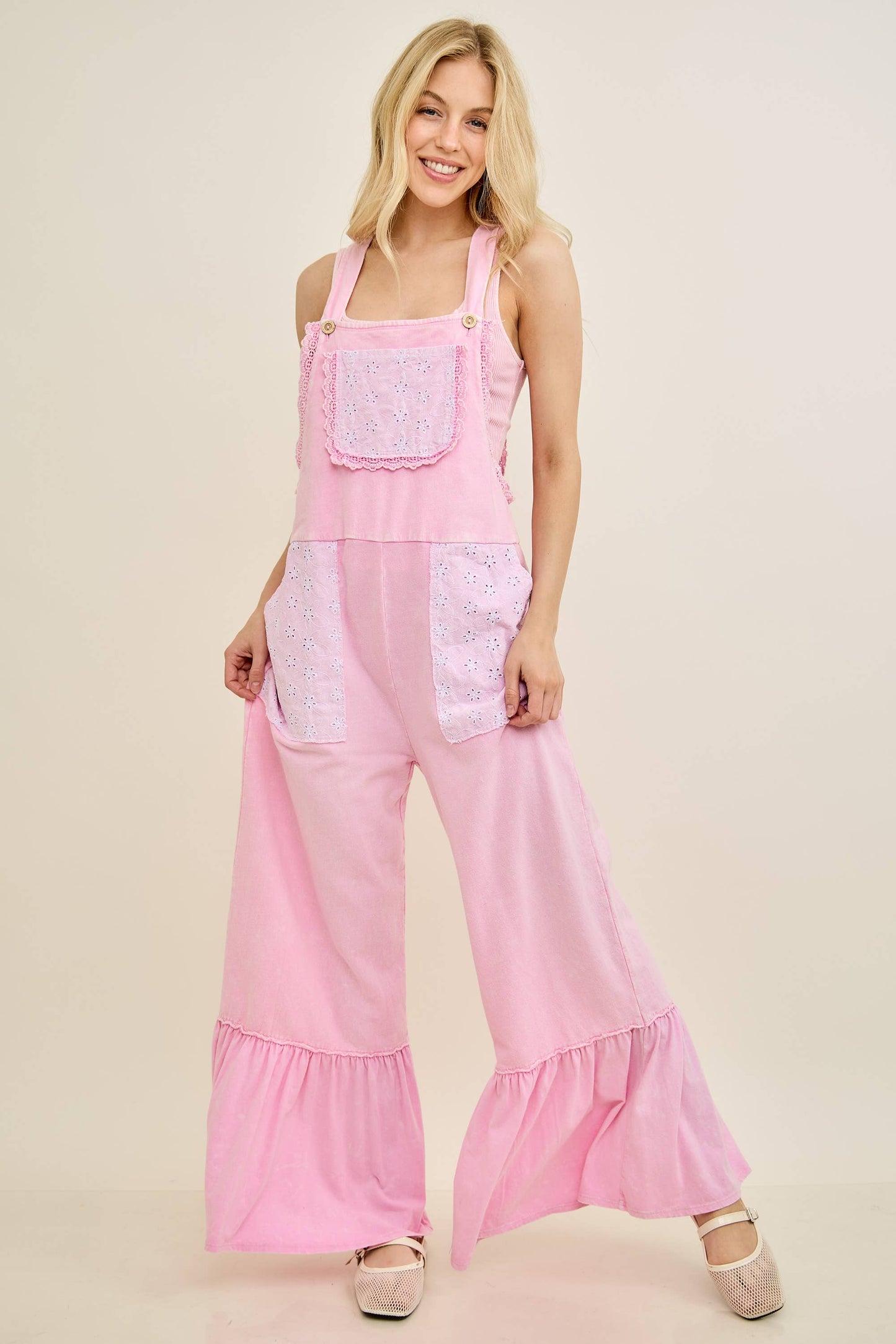 Mineral Washed Tea Party Ruffle Jumpsuits HJ7065: CottonCandy / S-M-L / 2-2-2
