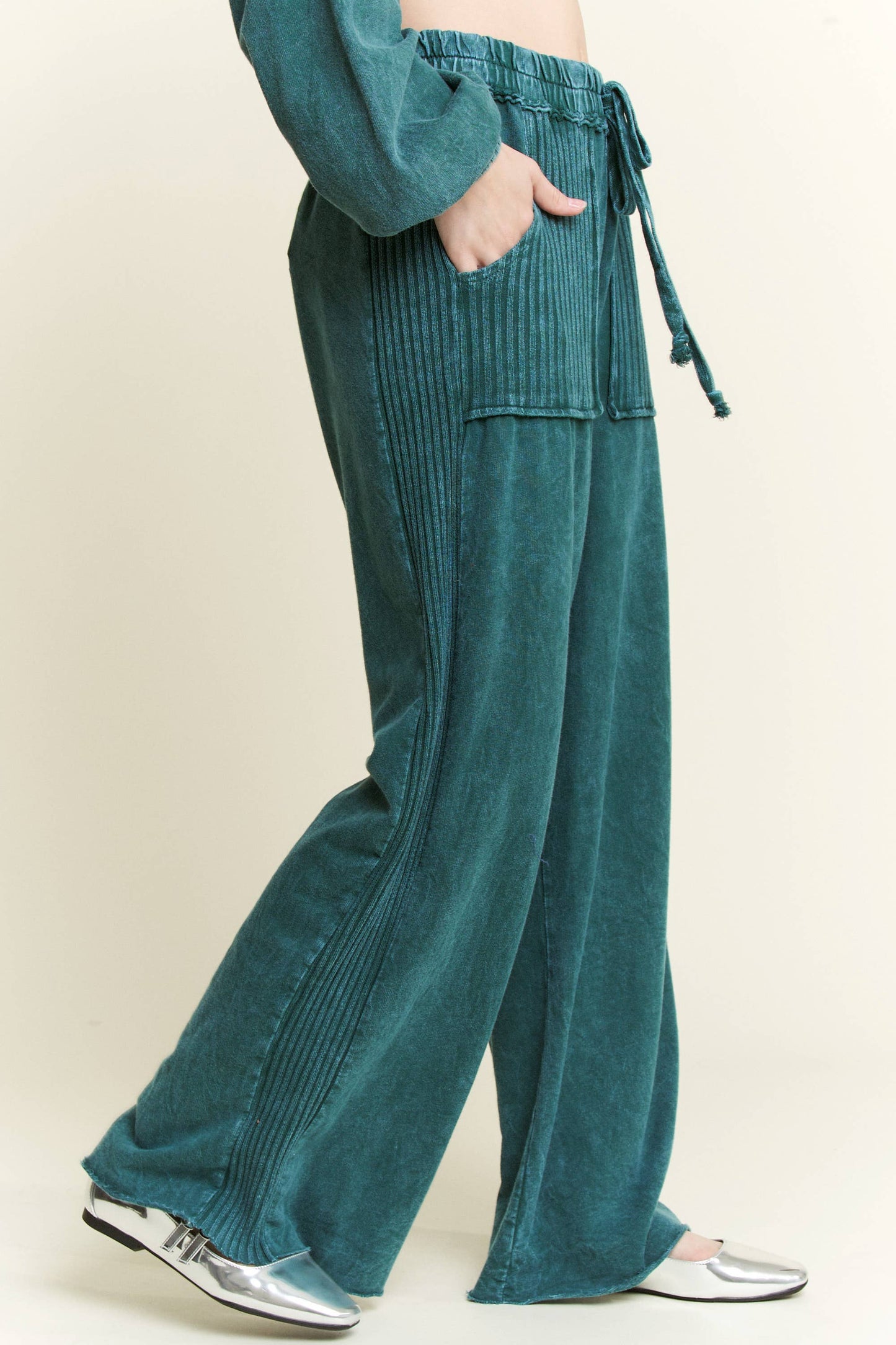 Mineral Wash Side Knit detail wide leg pants HE5878P..: Olive / S-M-L / 2-2-2