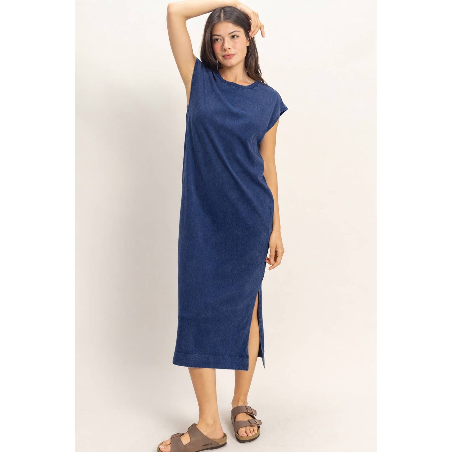 Mineral Wash Cap Sleeve Midi Dress: CHOCOLATE / S-M-L(2-2-2)