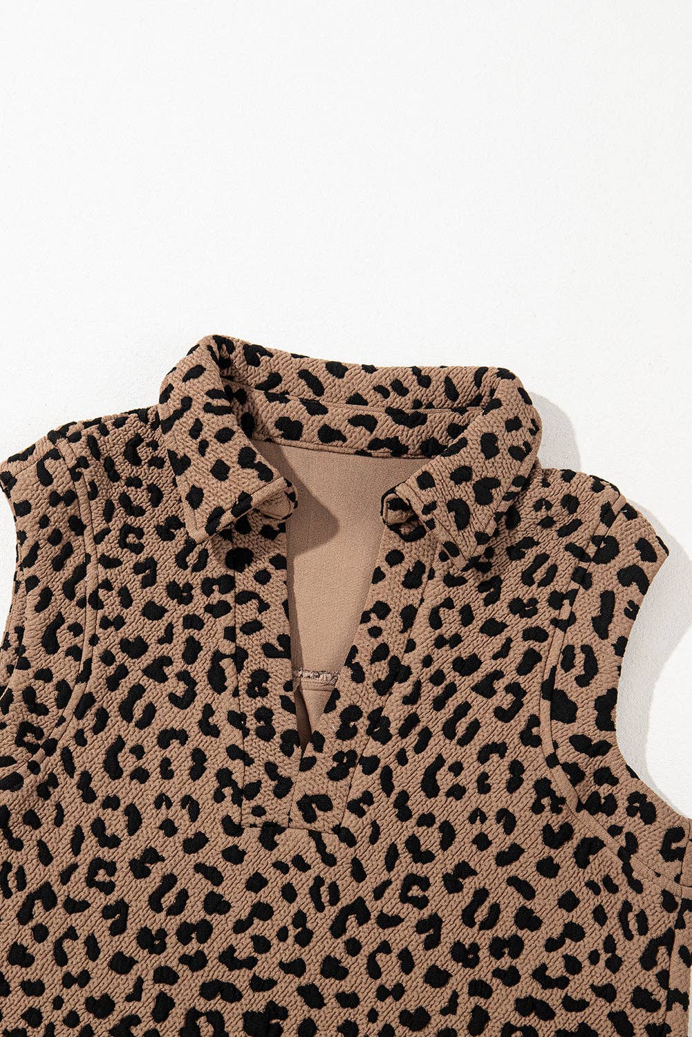Khaki Leopard Print V Neck Sleeveless Collared Mini Dress: Khaki / 95%Polyester+5%Elastane / M