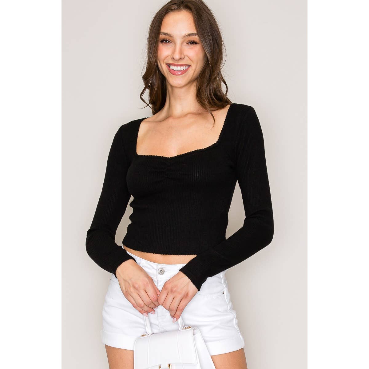 Sweetheart Neck Long Sleeve Sweater Hacci Rib Top: Heather Grey / S-M-L(2-2-2)