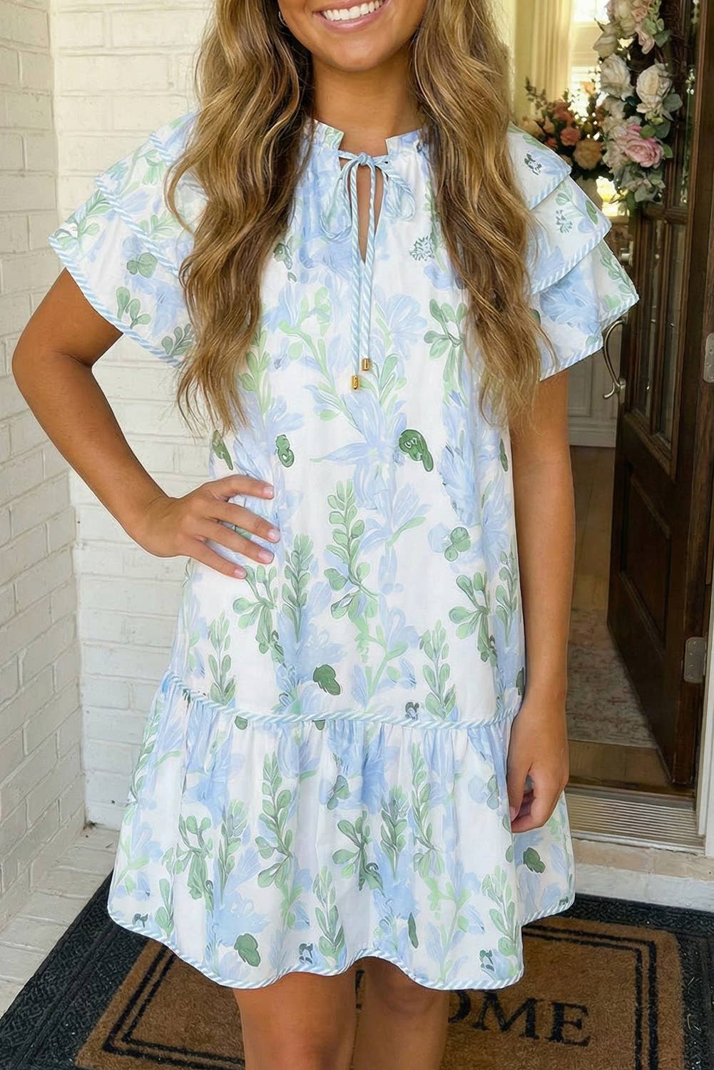 LAS Floral Contrast Edge Layered Mini Dress (S-XL): Sky Blue / Missy / L
